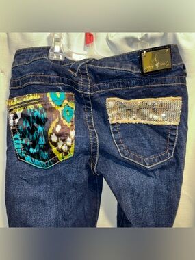 Baby Phat Jeans Sz 1 Skinny Gold Sequin Bling Pocket Accents Dark Wash Y2K Vtg